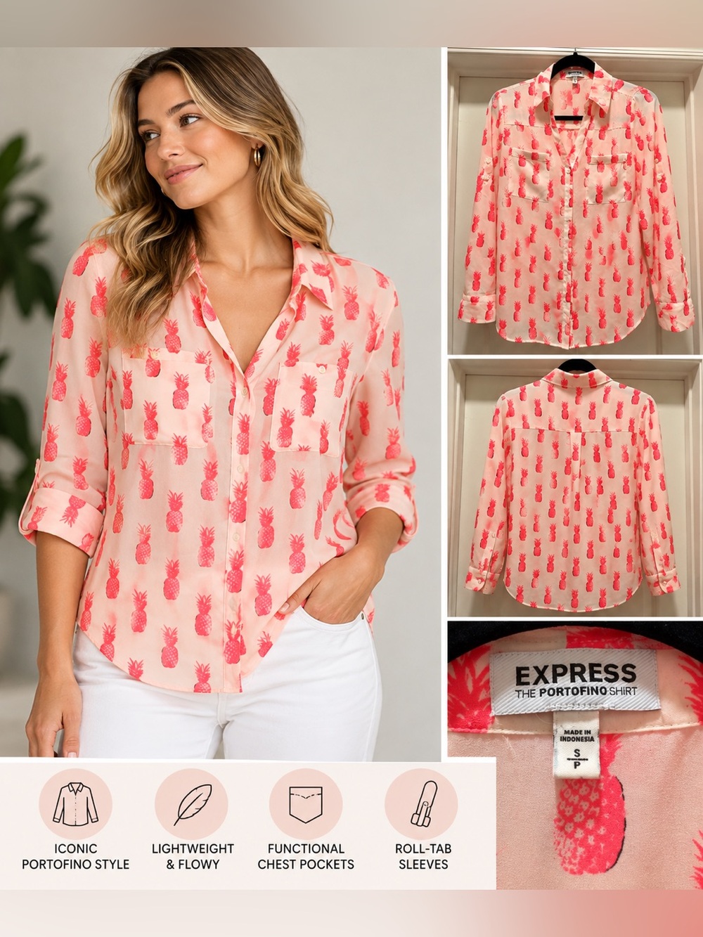 Express Portofino Shirt Small Pink Pineapple Print Button Down Blouse